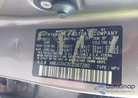 2012 Hyundai Tucson Gls z USA, uszkodzony, nr VIN KM8JU3AC8CU387280